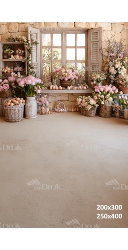 Tło fotograficzne „Rustykalne okno z różami, tulipanami i wielkanocnymi jajkami” | E644